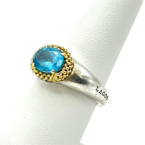 LAGOS Jewelry - Lagos Caviar Silver & Gold Faceted Blue Topaz Ring Size 7